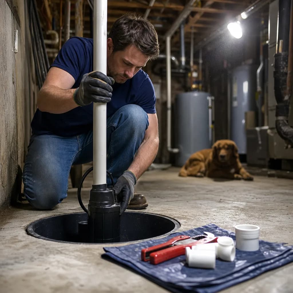 Plumber installing new sump pump into basement sump pit in home
