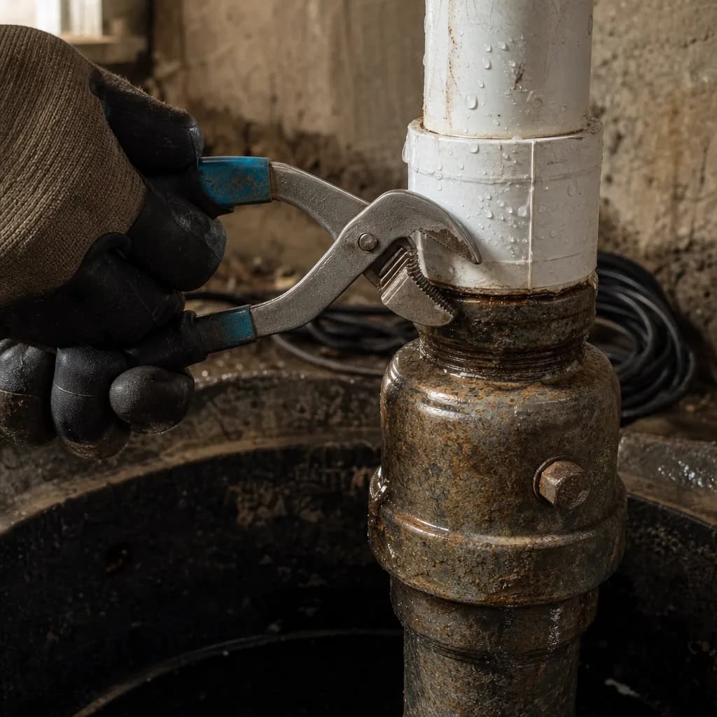 Close-up of corroded check valve fitting during sump pump repair
