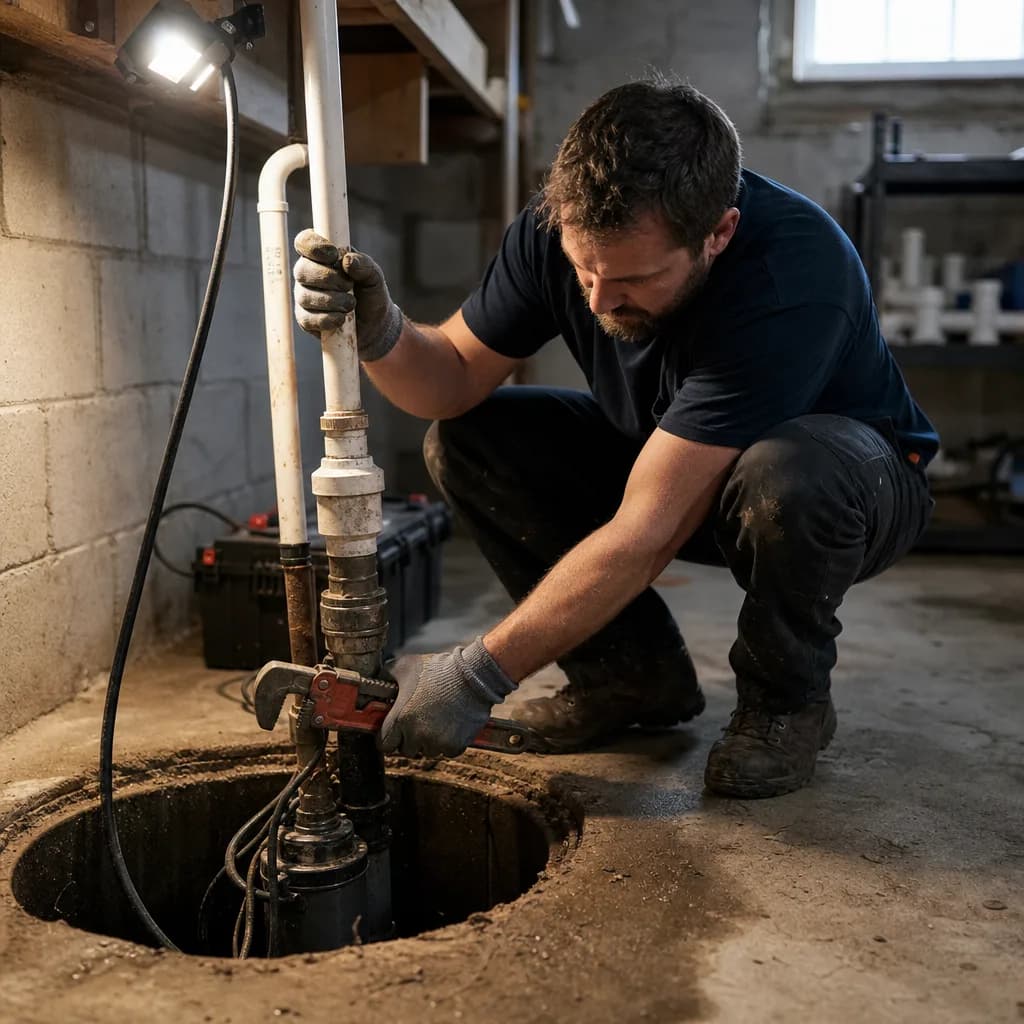Plumber repairing sump pump check valve in basement pit