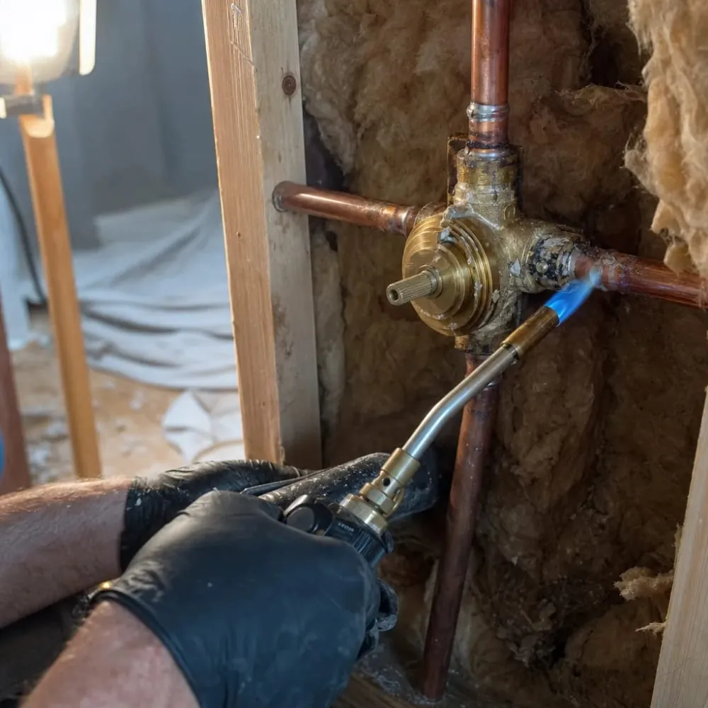 Soldering copper shower valve during tub-to-shower conversion plumbing work