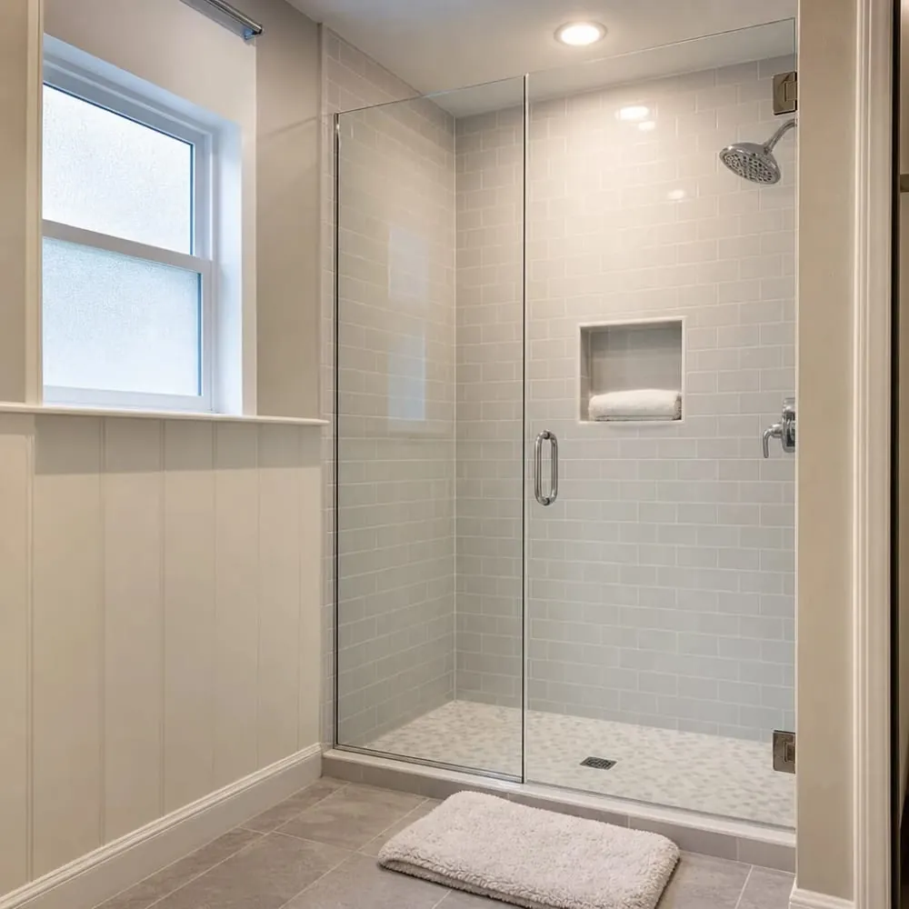 Walk-in shower with a tile base and a shower valve