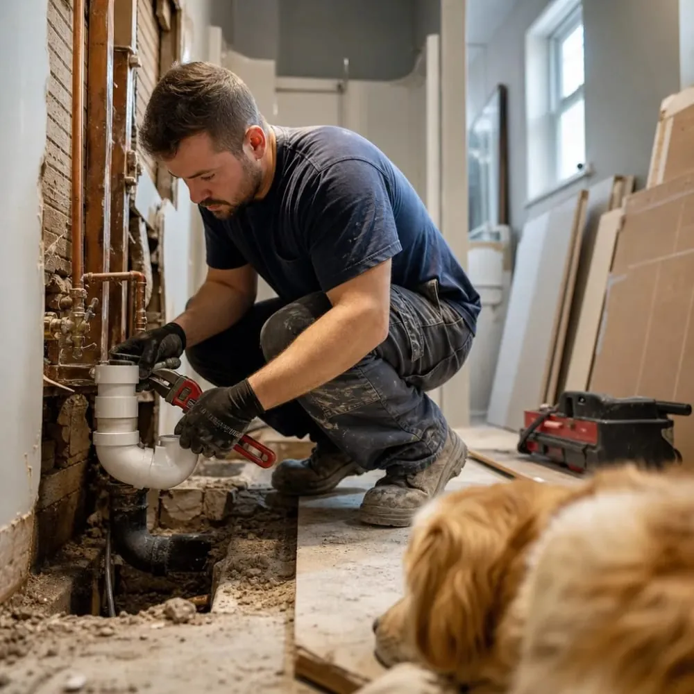 Plumber installing shower drain during tub-to-shower conversion in bathroom