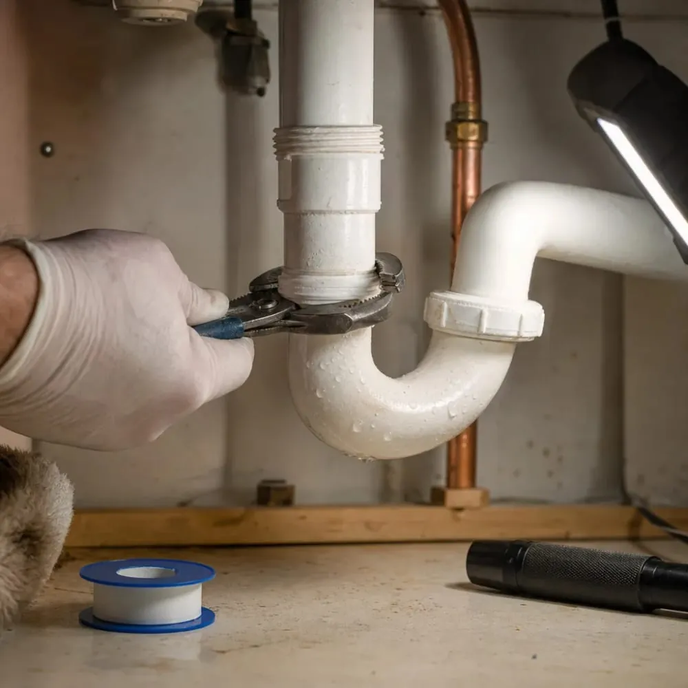 Close-up of plumber adjusting P-trap pipe during sink install