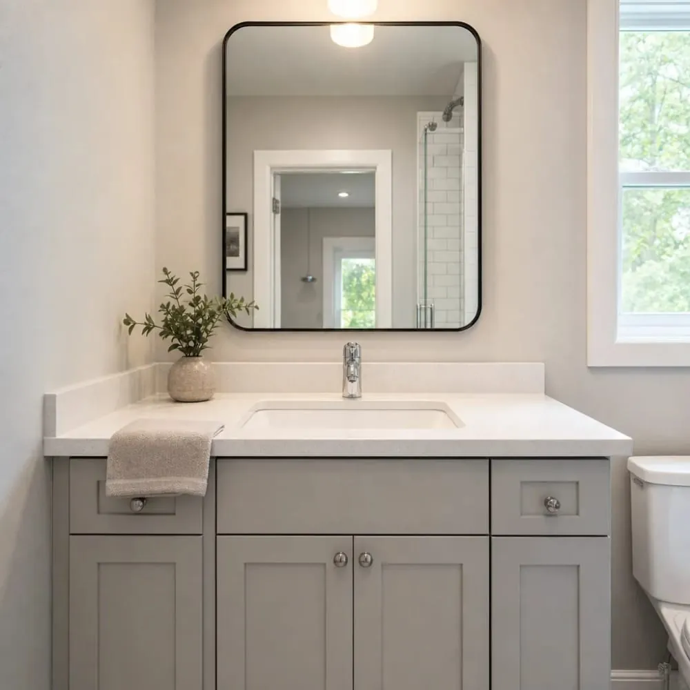Bathroom vanity with a sink and a faucet