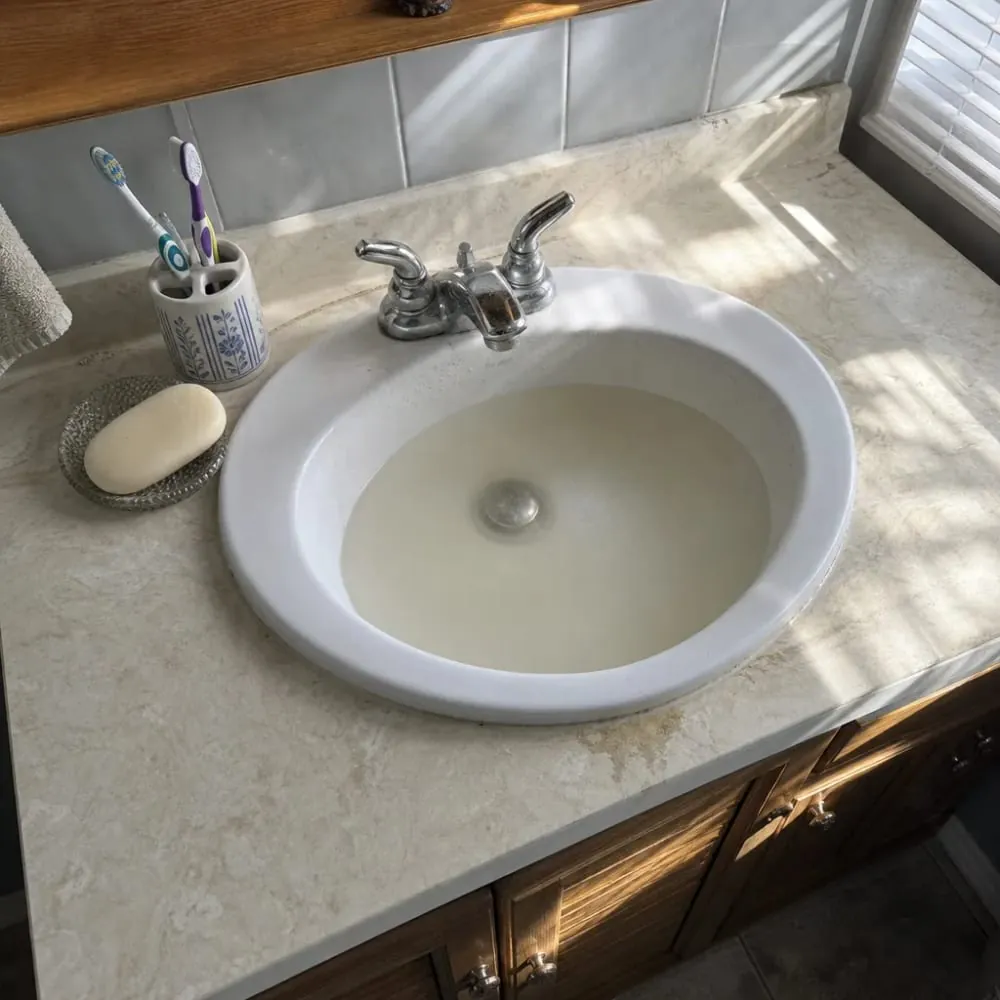 Slow draining bathroom sink showing signs of needed vanity install