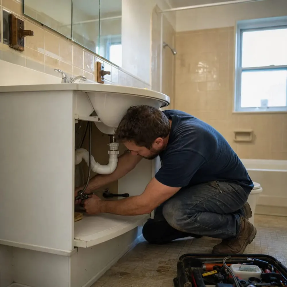 Plumber installing bathroom vanity sink and connecting supply lines in home