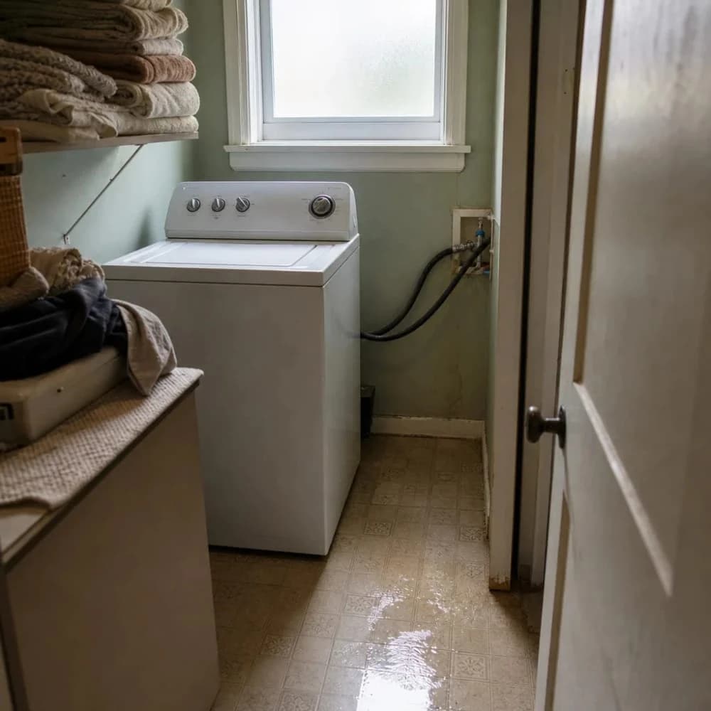 Homeowner notices water leak near washing machine in home