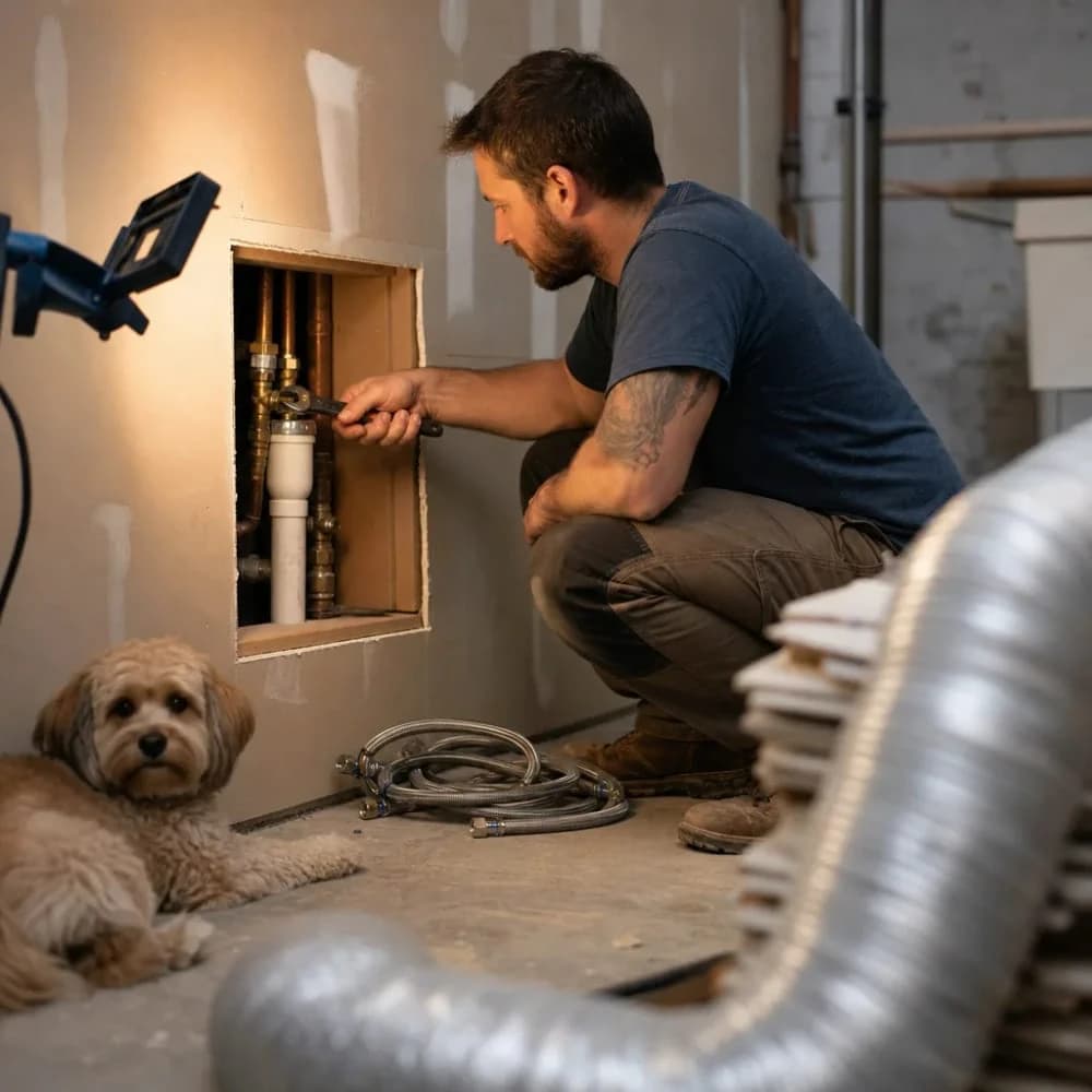 Plumber repairing washing machine box valves in laundry wall