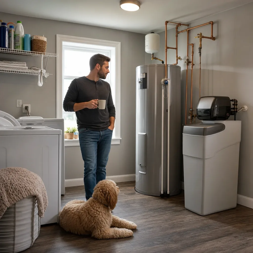 Homeowner near new water heater and softener after replacement service in Evansville