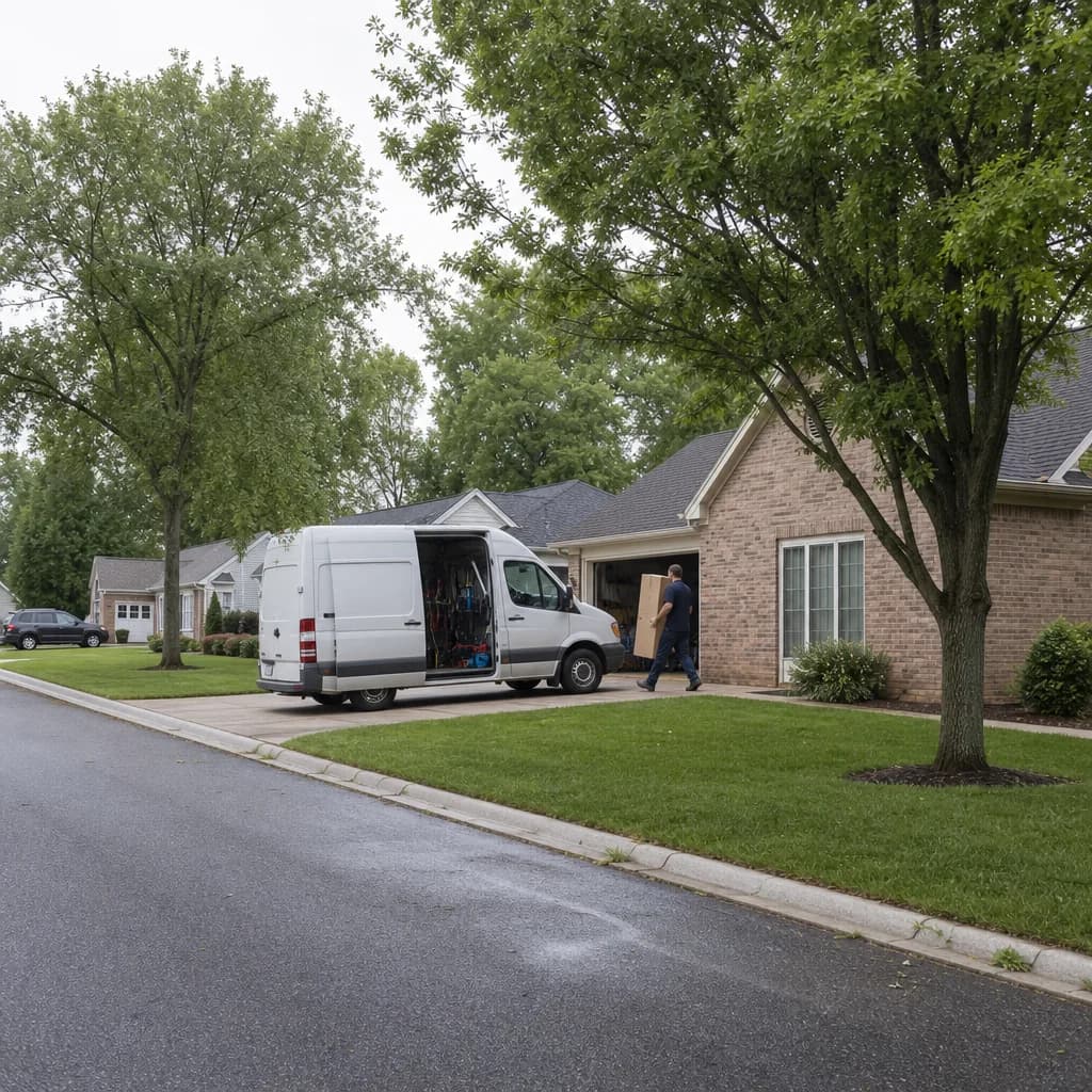 Plumbing van and technician at Evansville home during water heater replacement visit