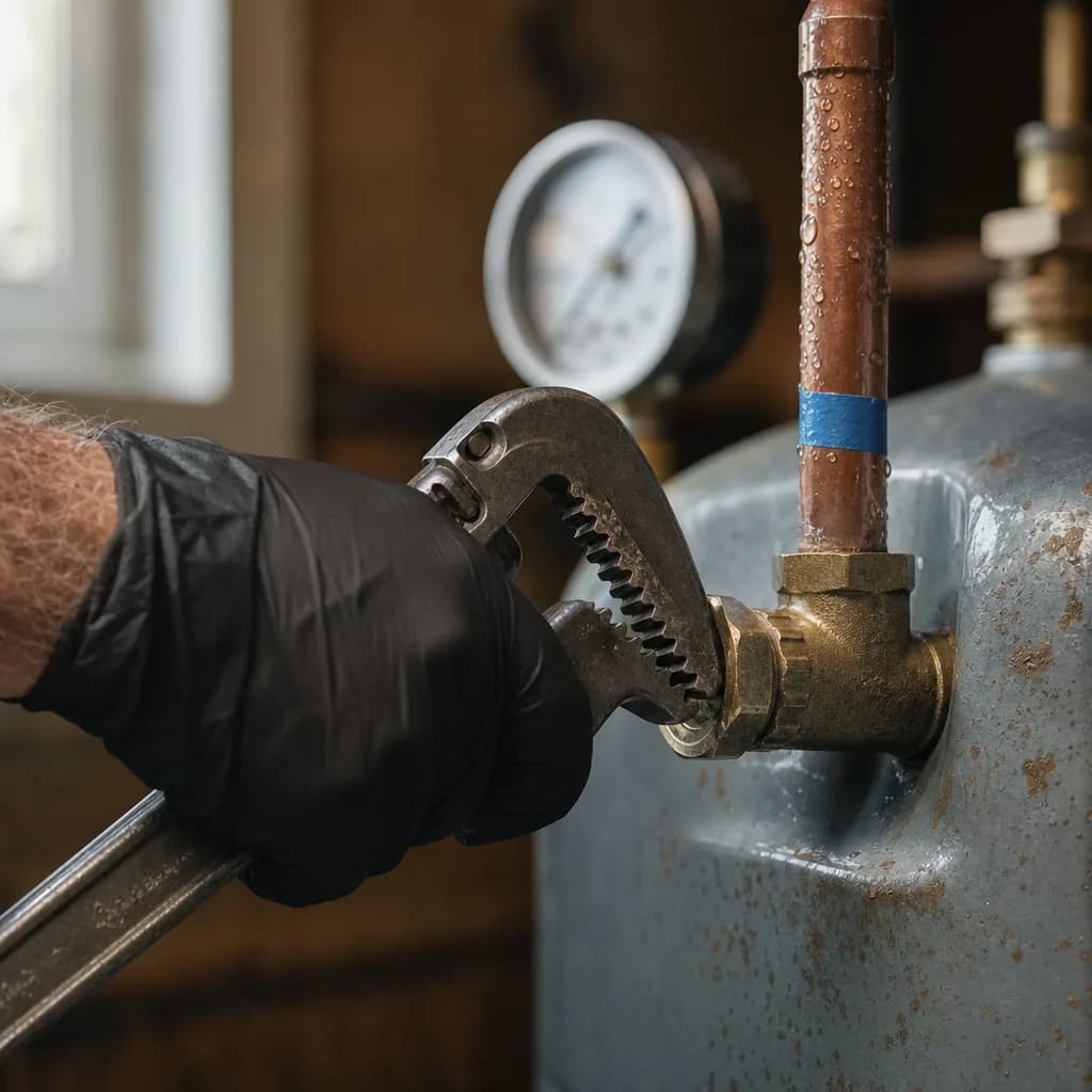 Close-up of wrench tightening brass fitting on well pressure tank