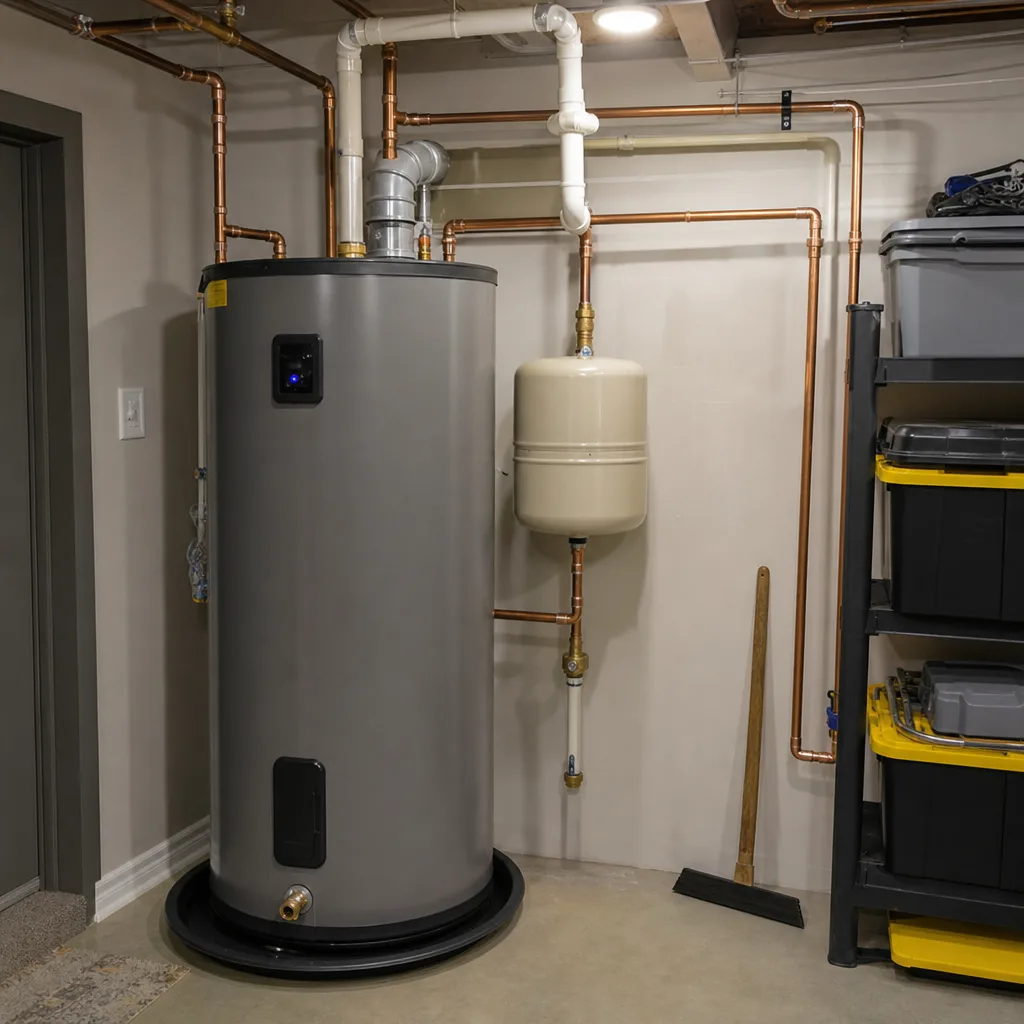 Tall gray tank on a drain pan with a small expansion tank on the copper line beside it