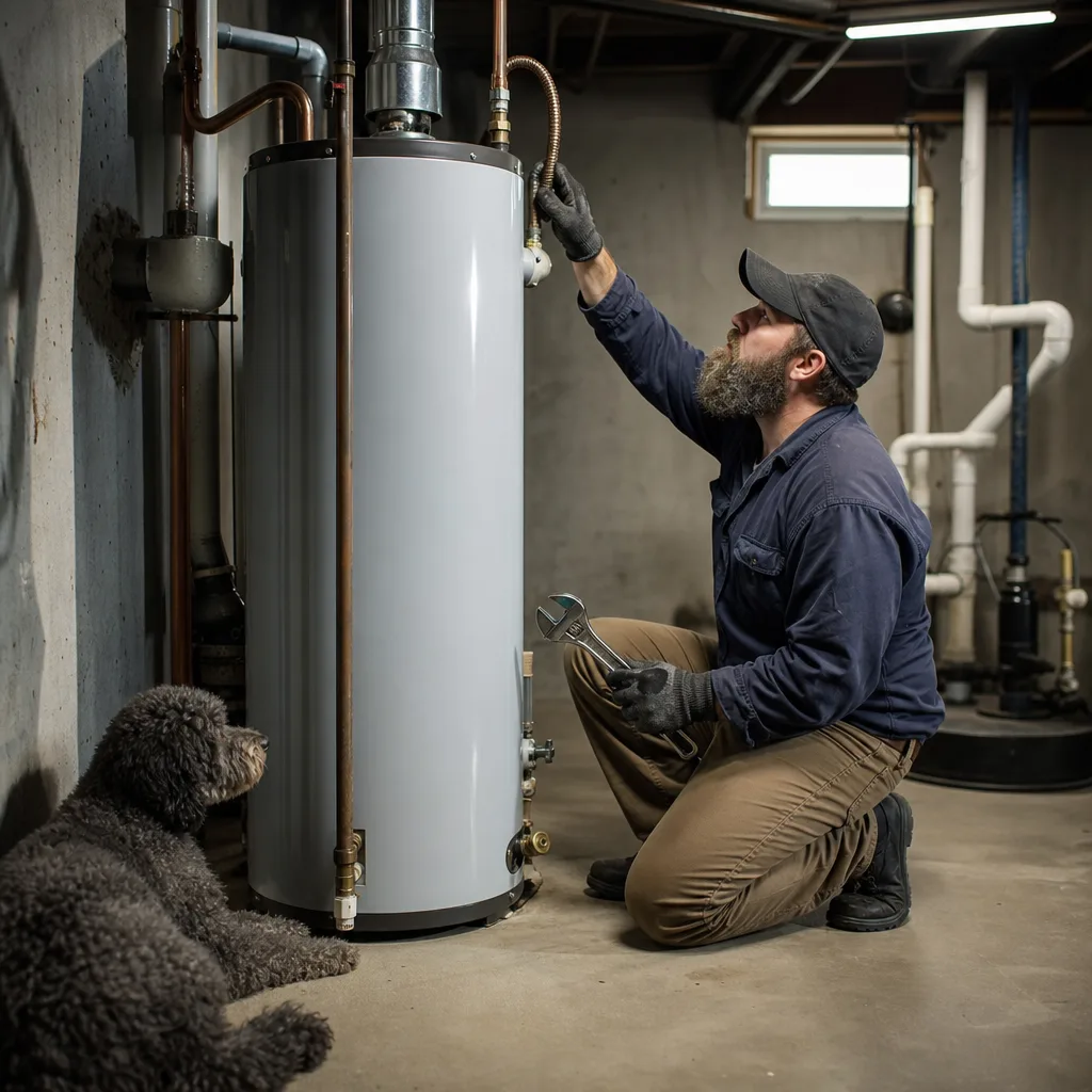 Plumber installing water heater tank connector in basement utility room