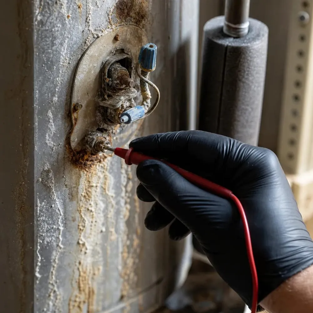 Gloved hand testing an element port on a corroded metal tank with a meter probe
