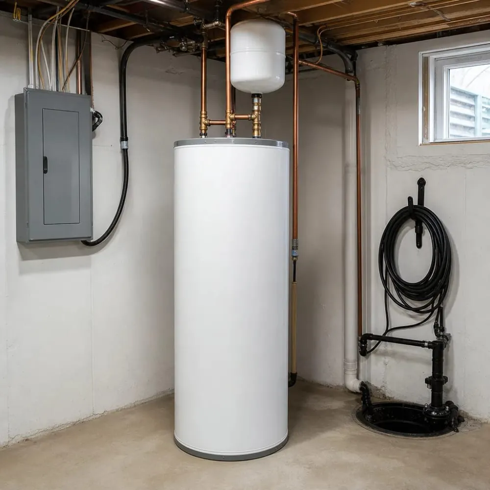 Water tank with fittings and a pressure gauge in a basement