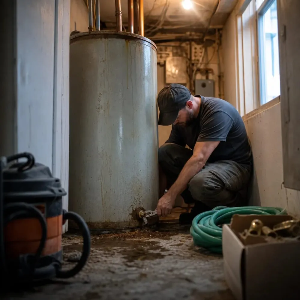 Plumber repairing water heater tank valve in home utility closet
