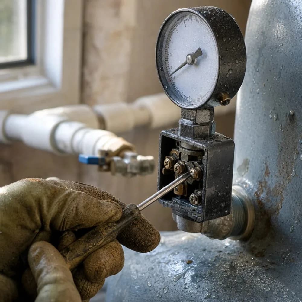 Close-up adjusting pressure switch on well tank in home