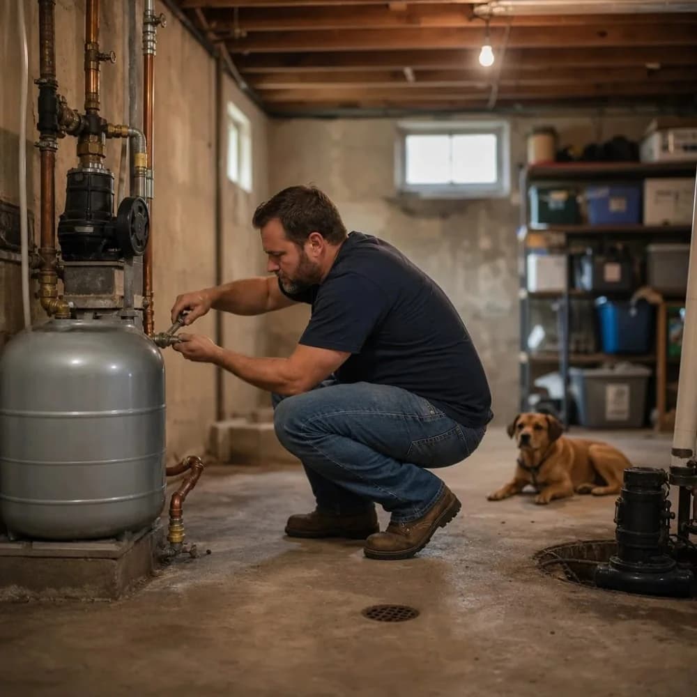 Plumber repairing well pump and pressure tank in basement