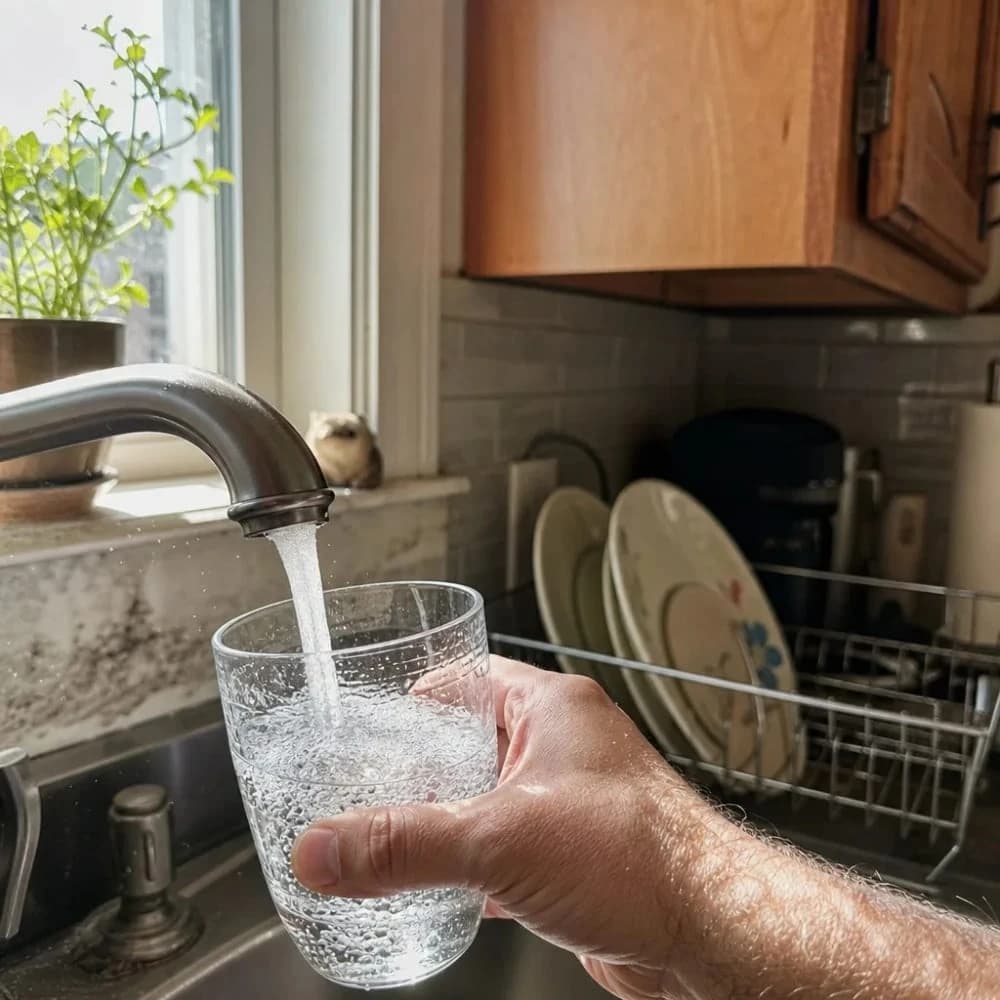 Clear water running from a kitchen faucet