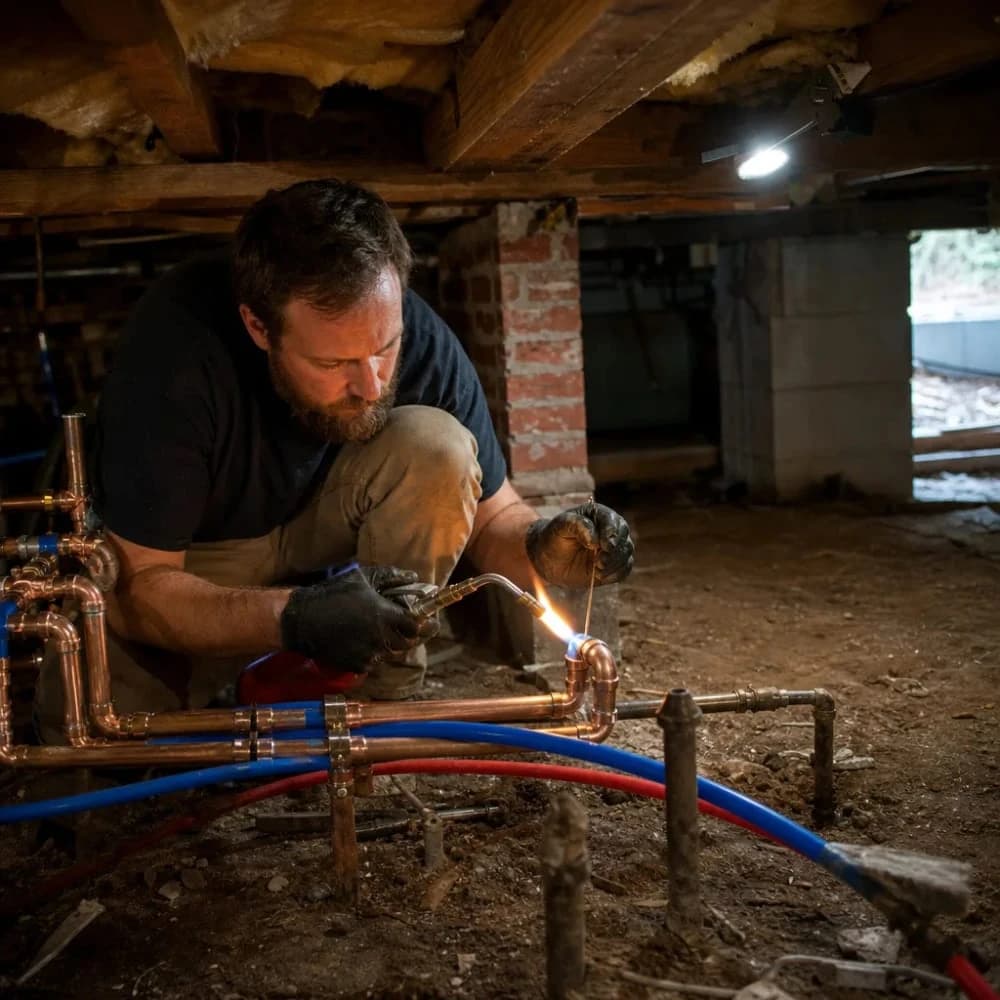 Plumber soldering copper pipe during whole-home repipe in crawlspace